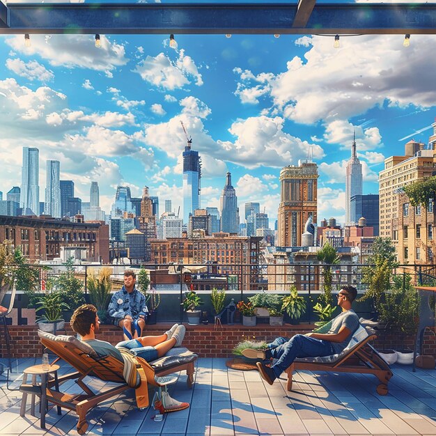 Friends Relaxing on a Rooftop Terrace with City Views