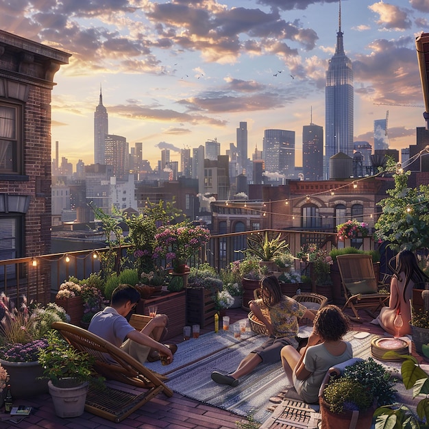 Friends Relaxing on a Rooftop Terrace with City Views