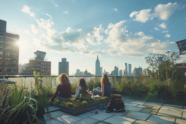 Photo friends relaxing on a rooftop terrace with city views