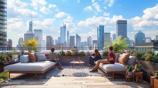 Friends Relaxing on a Rooftop Terrace with City Views