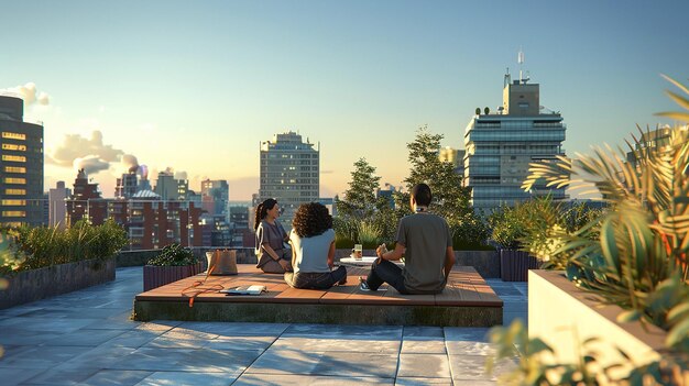 Photo friends relaxing on a rooftop terrace with city views