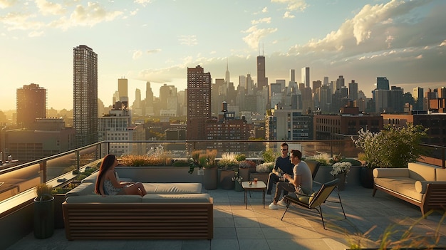 Friends Relaxing on a Rooftop Terrace with City Views