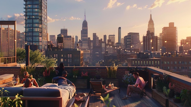 Friends Relaxing on a Rooftop Terrace with City Views