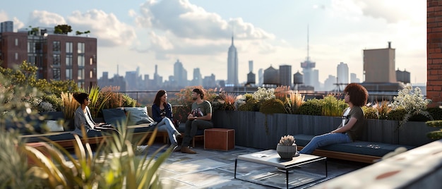 Friends Relaxing on a Rooftop Terrace with City Views