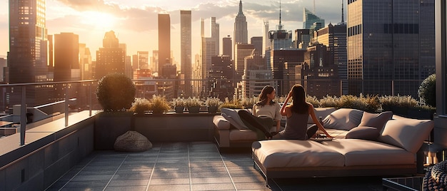 Friends Relaxing on a Rooftop Terrace with City Views