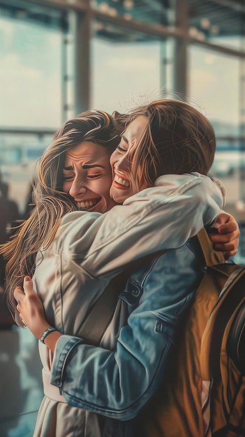 Friends Reuniting with Joyful Hugs at Airport