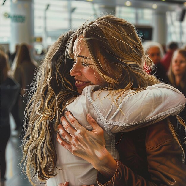 Photo friends reuniting with joyful hugs at airport