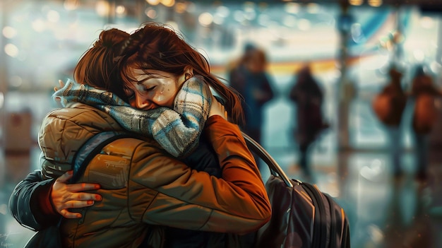 Friends Reuniting with Joyful Hugs at Airport