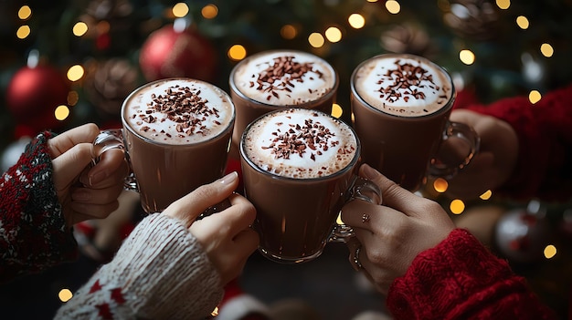 Friends in Santa hats toasting together with festive drinks under twinkling Christmas lights celebr