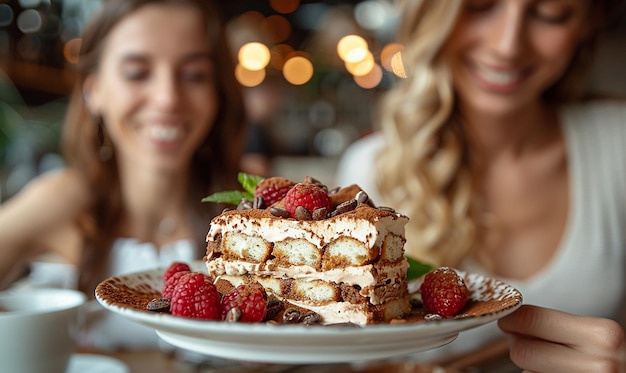 Photo friends savoring tiramisu desserts