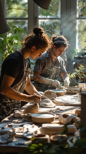 Friends Sculpting Pottery Together in Sunlit Studio