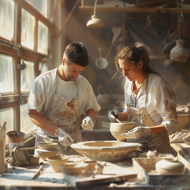 Friends Sculpting Pottery Together in Sunlit Studio