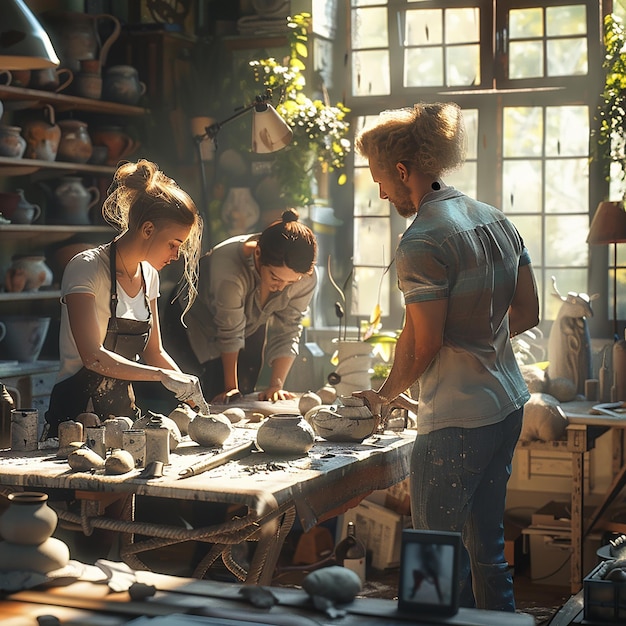 Friends Sculpting Pottery Together in Sunlit Studio