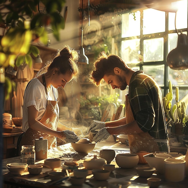 Friends Sculpting Pottery Together in Sunlit Studio