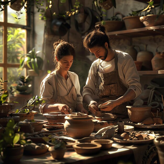 Friends Sculpting Pottery Together in Sunlit Studio