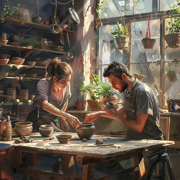 Photo friends sculpting pottery together in sunlit studio