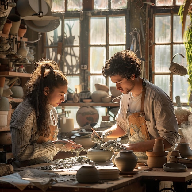 Friends Sculpting Pottery Together in Sunlit Studio