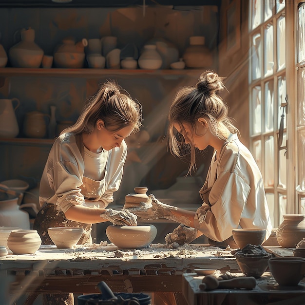 Friends Sculpting Pottery Together in Sunlit Studio