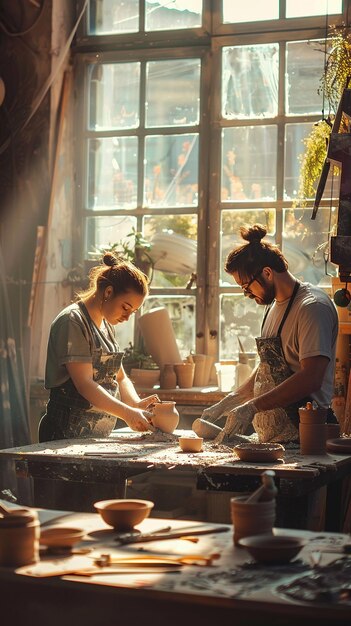 Friends Sculpting Pottery Together in Sunlit Studio