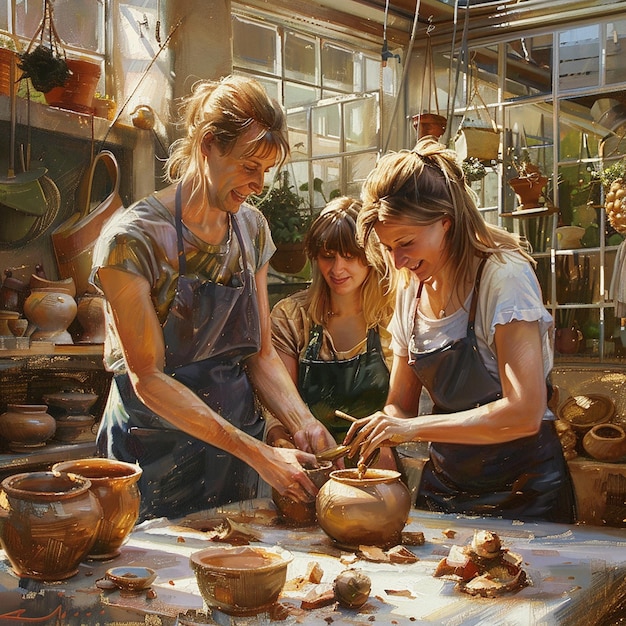 Friends Sculpting Pottery Together in Sunlit Studio