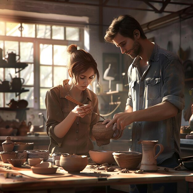 Friends Sculpting Pottery Together in Sunlit Studio