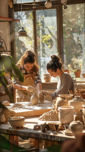 Friends Sculpting Pottery Together in Sunlit Studio