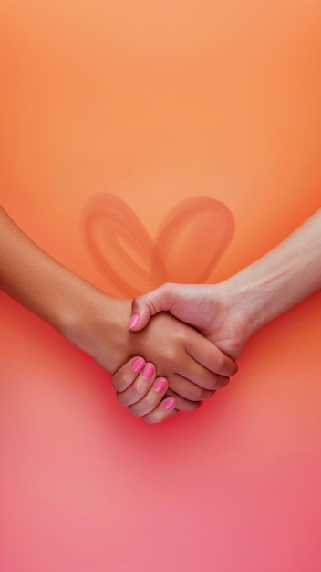 Friends shaking hands on isolated colorful background with a heart on it Generative AI