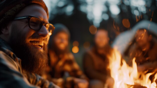 Friends share laughter and stories while gathered around a crackling campfire on a cool evening The flickering flames illuminate their faces creating a cozy atmosphere