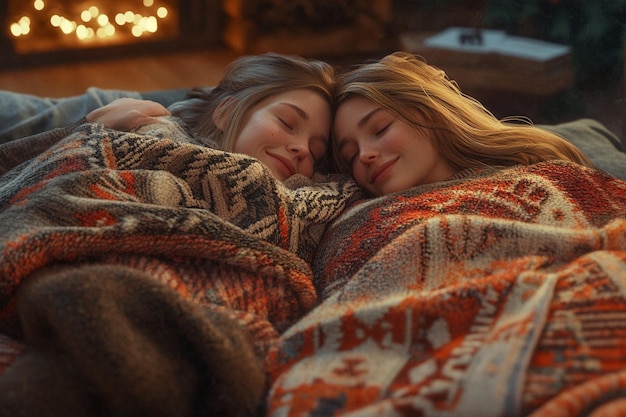 Photo friends sharing a cozy blanket on a cold day