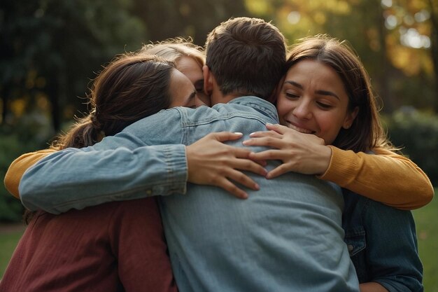 Friends sharing a group hug their expressions reflecti