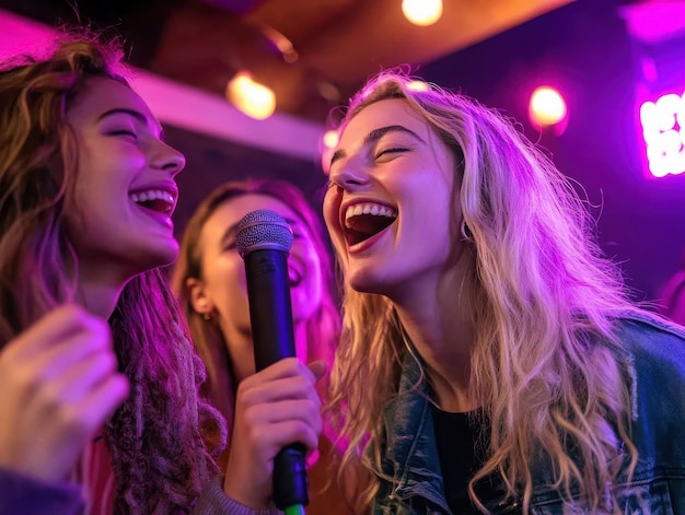 Friends sharing laughs at a fun karaoke night