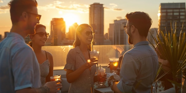 Friends sharing laughter and drinks at a rooftop bar during a heatwave Enjoying summer in the city