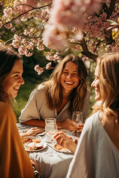 Friends sharing laughter and meals under the canopy of blossoming trees in a spring garden