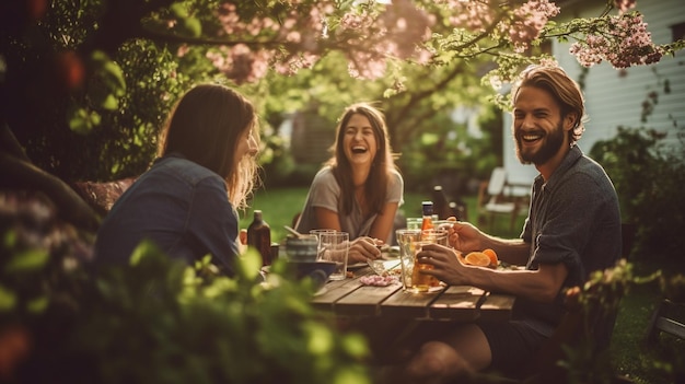 Friends sharing laughter and meals under the canopy of blossoming trees in a spring garden