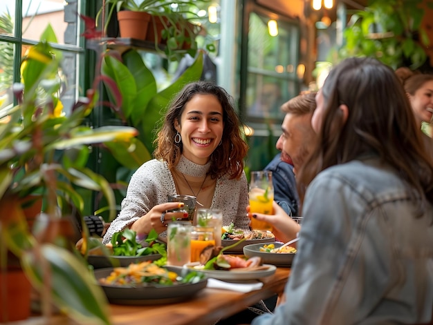 Friends Sharing a Lively Meal in a Cozy Green Restaurant