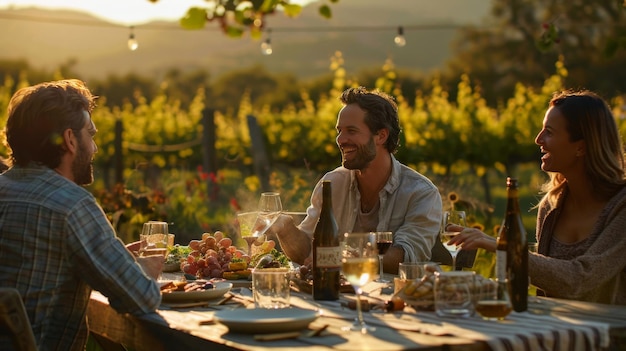 Friends sharing a meal at a rustic outdoor table in a vineyard with laughter and stories flowing as freely as the wine