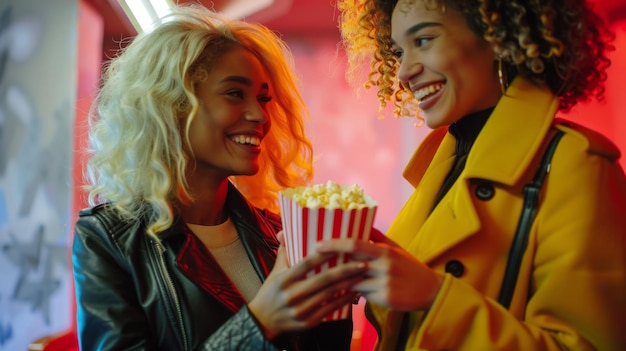 Photo friends sharing popcorn at cinema