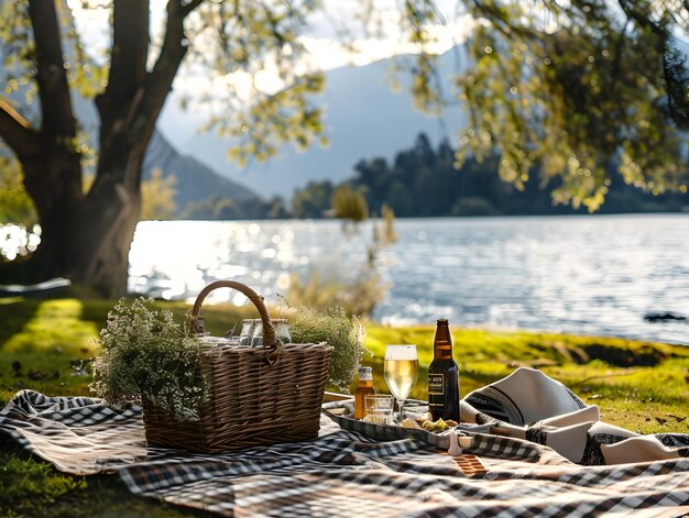 Friends Sharing a Serene Lakeside Picnic with a Selection of International Beers