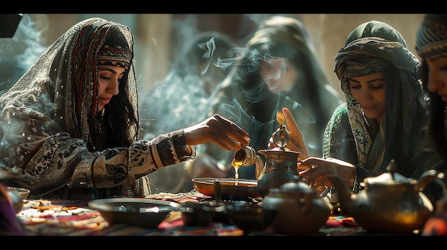 Photo friends sharing a traditional moroccan tea ceremony