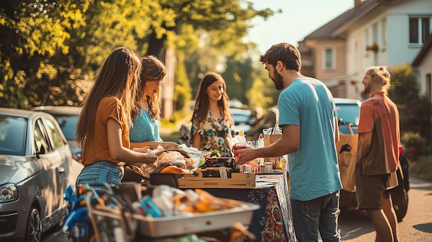 Photo friends shopping at a street market with fresh produce and baked goods