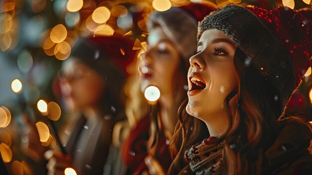 Photo friends singing carols in christmas eve on blurred decorated shiny christmas tree background with copy space ar 169 job id 104a2b8926f94553961056056ec795af