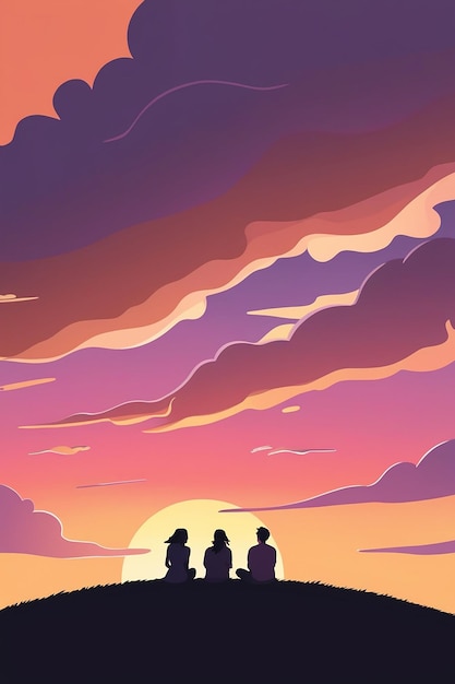 Friends sitting on a hill silhouetted against a stunning sunset