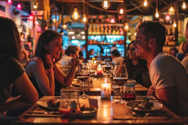 Friends sitting on table at restaurant