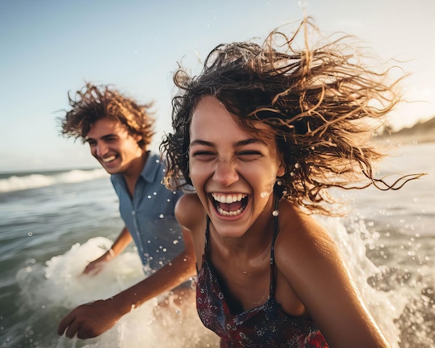 Friends splashing in the ocean waves their joy and laughter echoing through the beach