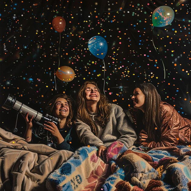 Photo friends stargazing in the night sky with telescope blanket