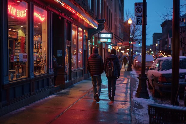 Friends Strolling Through a City Street at Twilight