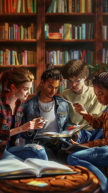 Friends Studying Together in a Library