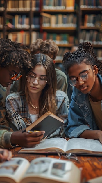 Friends Studying Together in a Library