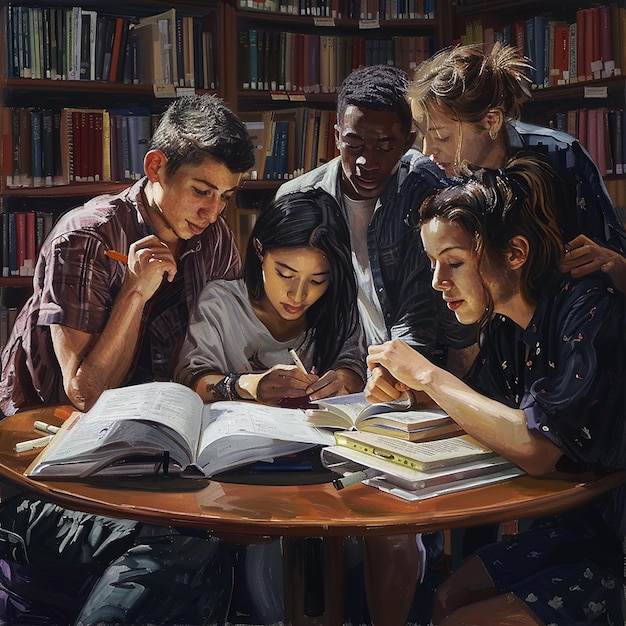 Friends Studying Together in a Library