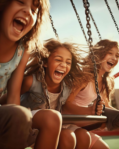 Friends swinging on a playground their carefree spirits capturing the essence of friendship